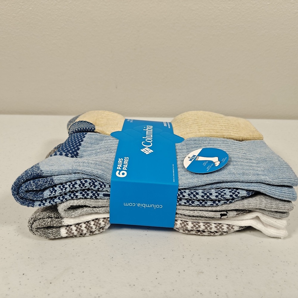 Columbia Athletic Crew Socks 6 Pairs Multicolor Mens Size 6-12 Blue Tan White - Picture 2 of 9